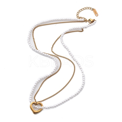 Ion Plating(IP) 304 Stainless Steel & Plastic Pearl Beaded Double Layer Necklaces NJEW-P320-25G-1