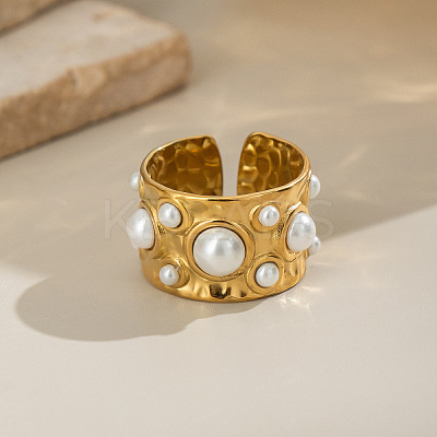 304 Stainless Steel with Imitation Pearls Open Cuff Rings for Women WF0068-1