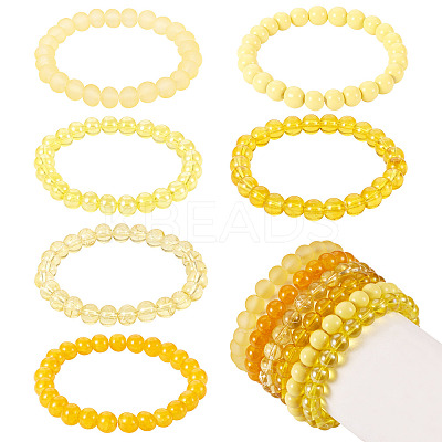 6Pcs 6 Styles 8mm Glass Round Beaded Stretch Bracelet Sets BJEW-TAC0020-1