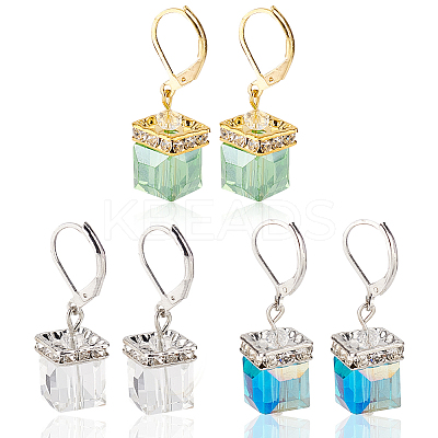 3 Pairs 3 Colors Bling Glass Cube Dangle Leverback Earrings EJEW-AN0002-81-1