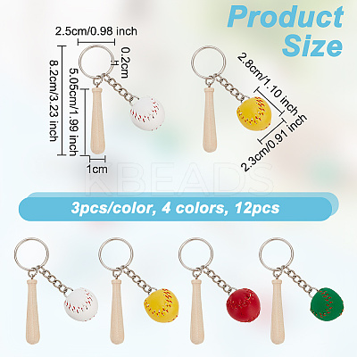 12Pcs 4 Colors Mini Baseball PU Leather Pendant Keychain with Wood Baseball Bat DIY-OC0011-25-1