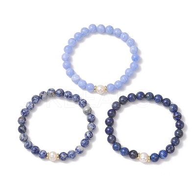 3Pcs Round Natural Blue Spot Jasper & Dyed Blue Lace Agate & Lapis Lazuli & Pearl Beaded Stackable Stretch Bracelets Sets BJEW-JB12992-1