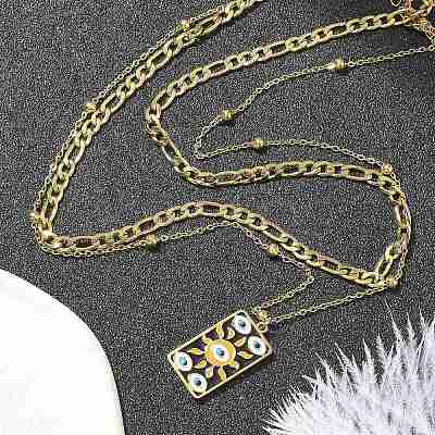 304 Stainless Steel Enamel Sun Eye Pendant Double Layer Necklaces for Women STAS-Z105-04G-1