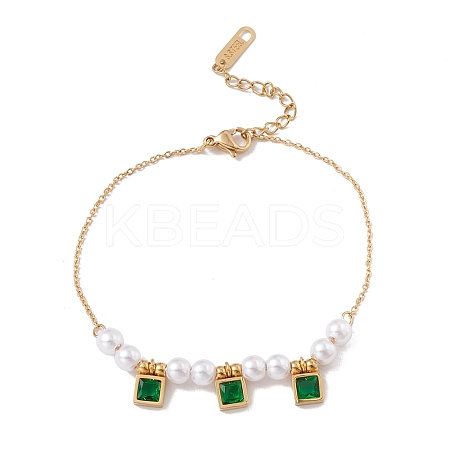 Square Cubic Zirconia Charm Bracelet with Acrylic Pearl BJEW-F396-20G-02-1