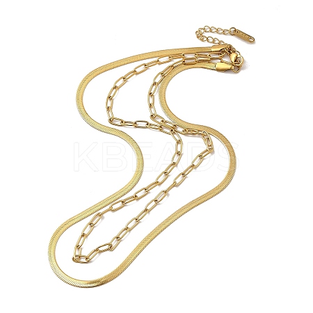 304 Stainless Steel Paperclip & Herringbone Chains Double Layer Necklace for Men Women LS-NJEW-E046-01G-1