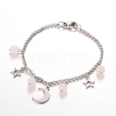 Moon & Star Stainless Steel Gemstone Charm Bracelets BJEW-JB01935-01-1