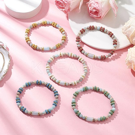 Natural Lava Rock & Synthetic Aqua Terra Jasper & Natural Aquamarine Beads Strethch Bracelets BJEW-JB11666-1