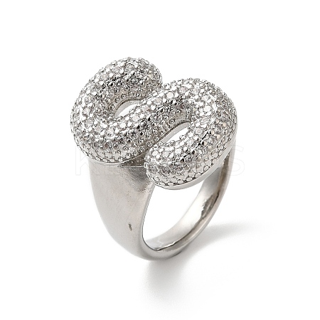 Letter Brass Micro Pave Clear Cubic Zirconia Open Cuff Ring for Women RJEW-N046-03S-P-1