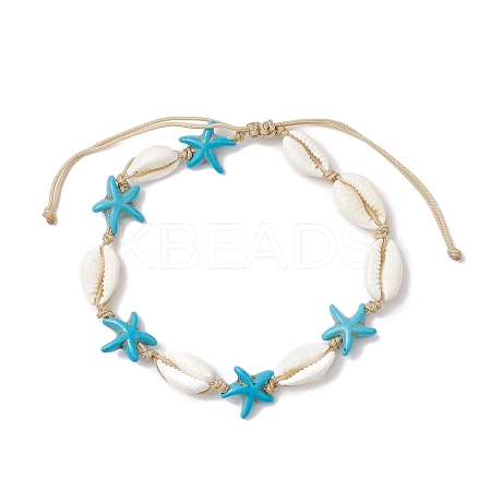 Natural Mixed Cowrie Shell with Synthetic Turquoise Beaded Anklets AJEW-AN00596-04-1