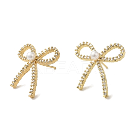 Rack Plating Brass Micro Pave Clear Cubic Zirconia Bowknot Stud Earrings for Women EJEW-P280-27G-1