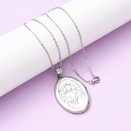 304 Stainless Steel Oval with Virgin Mary Pendant Necklaces for Women NJEW-B149-01P-1