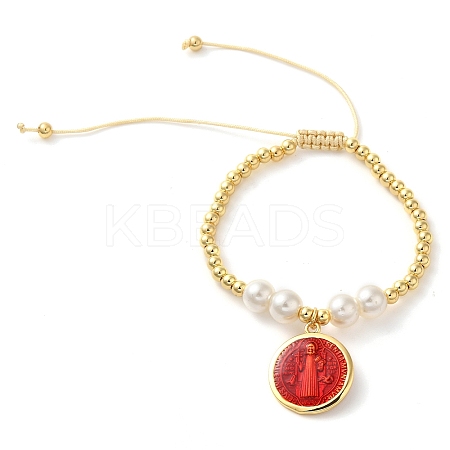Adjustable Flat Round with Holy Virgin Charms Bracelet BJEW-Z073-01G-03-1