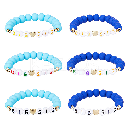 6Pcs 6 Color Word BIG SIS Acrylic & Polymer Clay & CCB Heart Beaded Stretch Bracelets Set BJEW-FI0001-53-1