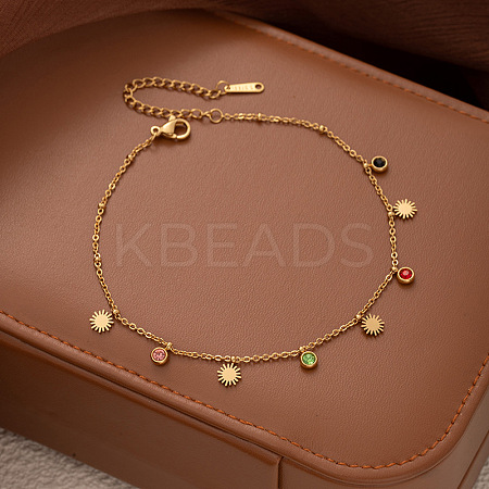 304 Stainless Steel Pave Colorful Cubic Zirconia Charm Anklets for Women FS-WG43DDA-10-1