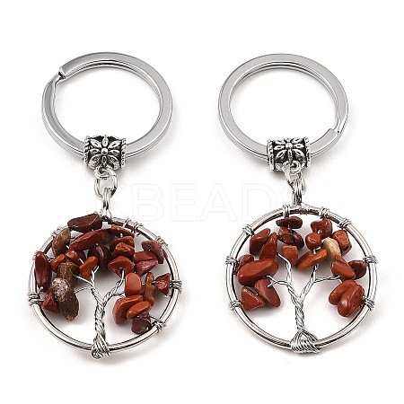 Natural Red Jasper Flat Round with Tree of Life Pendant Keychain KEYC-E023-03L-1