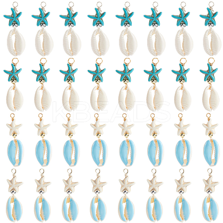 40Pcs 4 Colors Cowrie Shell & Dyed Synthetic Turquoise Starfish Pendants PALLOY-SC0004-40-1