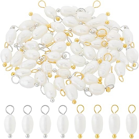60Pcs 2 Colors Natural Cultured Freshwater Pearl Round Charms with Brass Loops PALLOY-HS00005-1
