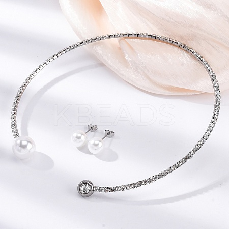 Round Plastic Imitation Pearl Stud Earrings & Cubic Zirconia Rhinestone Cuff Choker Necklaces Sets SJEW-U003-07P-1