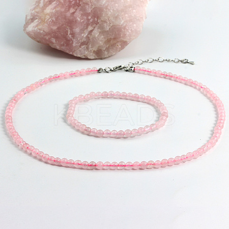 Natural Rose Quartz Round Beaded Necklaces & Stretch Beaded Bracelets Sets WG4DE29-01-1