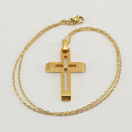 316 Surgical Stainless Steel Pave Clear Cubic Zirconia Religion Hollow Cross Pendant Necklaces for Women WGFBAC1-02-1