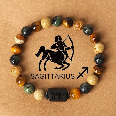 12 Constellations Natural Tiger Eye & Picture Jasper Round Beaded Stretch Bracelets for Men Women WG21EC3-06-1