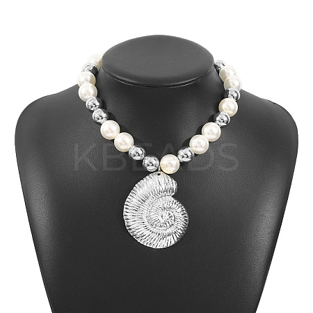 Shell Shape Alloy Pendant Plastic Imitation Pearl & CCB Plastic Round Beaded Necklaces for Women FS-WG1A62A-02-1