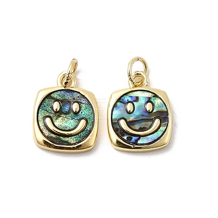 Epoxy Resin & Natural Paua Shell Square with Smiling Face Charms KK-K384-14G-1