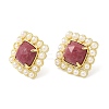 Natural Wood Lace Stone Square Stud Earrings with Plastic Pearl Beaded EJEW-E599-03G-02-3