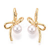 Brass ABS Imitation Pearl Bowknot Hoop Earrings KK-T077-27G-1
