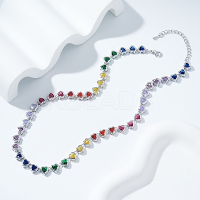 Brass Colorful Rhinestone Rainbow Heart Tennis Necklaces for Women WY6885-2-1