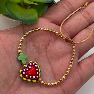 Heart Handmade Lampwork & Cross Synthetic Turquoise Bead Braided Bracelets IA3546-4-1