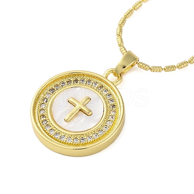Brass Cubic Zirconia Flat Round Cross Pendant Necklaces LS-NJEW-R100-02G-1