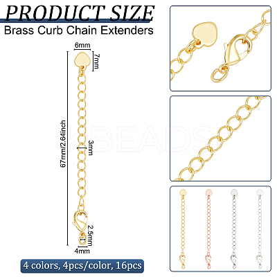 16Pcs 4 Colors Brass Curb Chain Extenders KK-OC0001-42-1