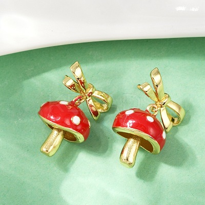 Mushroom with Bowknot Brass Enamel Dangle Stud Earrings EJEW-F895-25B-G-1