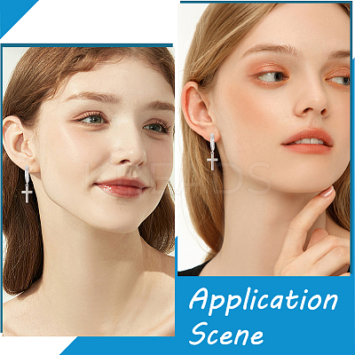 1 Pair Cross Rhodium Plated 925 Sterling Silver Dangle Hoop Earrings for Women EJEW-BBC0001-53-1
