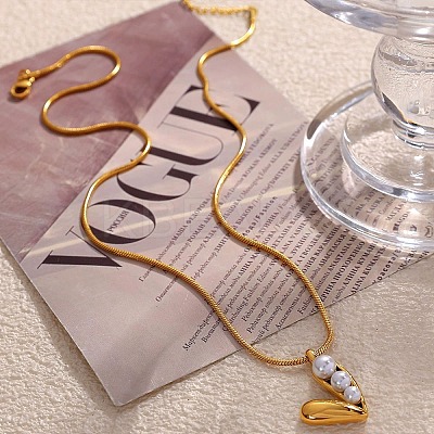 304 Stainless Steel & Glass Pearl Heart Pendant Necklaces for Women NJEW-U045-05G-1