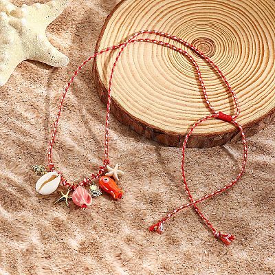 Summer Beach Porcelain Fish & Natural Cowrie Shell Pendant Cotton Cord Adjustable Necklaces FS-WG63638-01-1