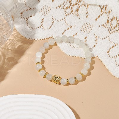 Natural White Moonstone & Alloy Buddha Head Beaded Stretch Bracelet BJEW-JB08913-01-1