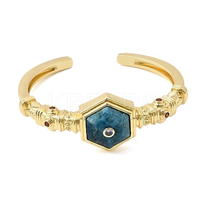 Hexagon Brass Pave Natural Apatite & Cubic Zirconia Cuff Bangles for Women BJEW-Z172-01G-06-1