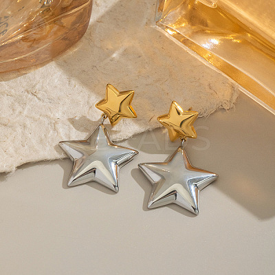 304 Stainless Steel Two Tone Star Dangle Stud Earrings LQ4369-1