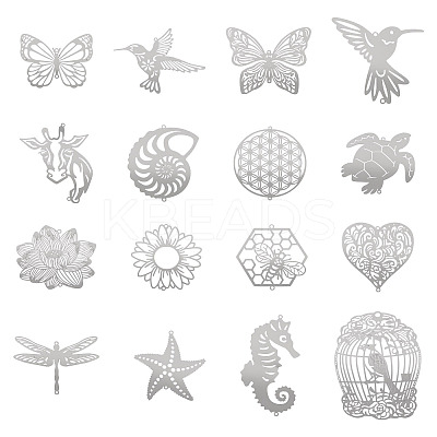 16Pcs 16 Styles 201 Stainless Steel Etched Metal Embellishments Connector Charms STAS-TA0003-39-1