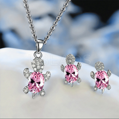 Tortoise Alloy Rhinestone & Glass Pendant Necklaces & Stud Earrings Sets FS-WG4B54D-10-1