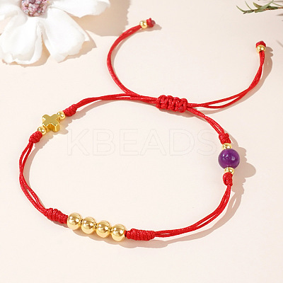 Stylish Round Natural Amethyst & Cross Brass Bead Braided Bracelets GG3213-1
