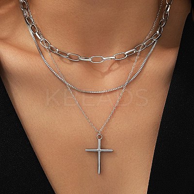 304 Stainless Steel Cross Pendant 3 Layer Necklaces for Women NJEW-F343-02P-1