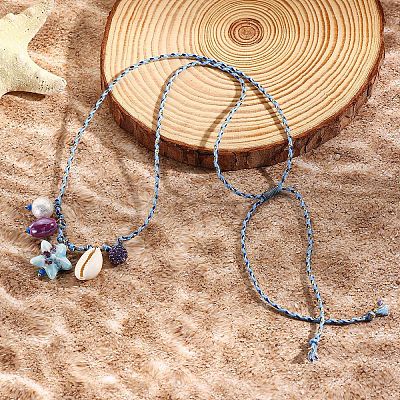 Summer Beach Porcelain Fish & Natural Cowrie Shell Pendant Cotton Cord Adjustable Necklaces FS-WG63638-02-1