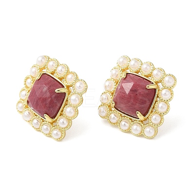 Ion Plating(IP) Natural Wood Lace Stone Square Stud Earrings with Plastic Pearl Beaded EJEW-E599-03G-02-1