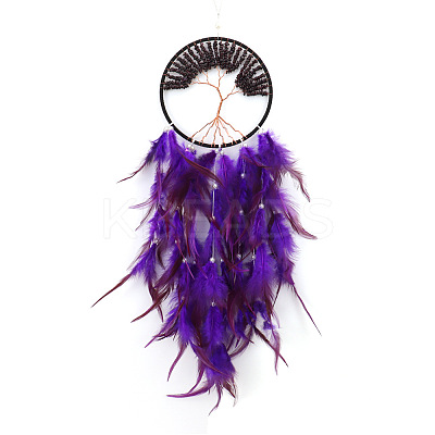 Tree of Life Wrapped Natural Garnet Chips Woven Web/Net with Feather Decorations PW-WG91800-09-1