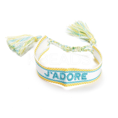 Word J'ADORE Polycotton(Polyester Cotton) Braided Bracelet with Tassel Charm LS-BJEW-F429-01-1