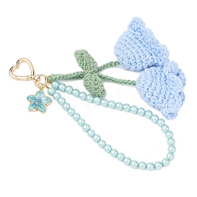 Handmade Cotton Yarn Crochet Lily of the Valley & Glass Pearl Round Bead Pendant Decorations HJEW-JM04389-02-1