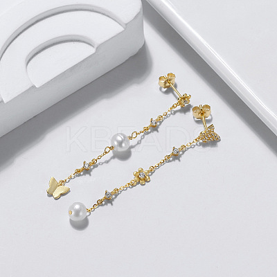 925 Sterling Silver Flower & Butterfly Asymmetrical Earrings with Cubic Zirconia EJEW-P231-31G-1